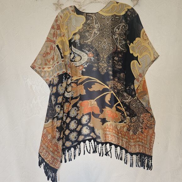 Chicos Small Medium Floral Sheer Coverup Shawl Fringe Festival Colorful Flowy - Picture 1 of 10